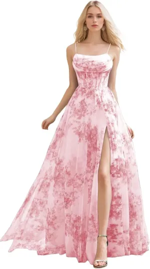 Floral Print Prom Dresses for Teens Long Chiffon Ball Gown Spaghetti Straps A-line Formal Evening Dresses with Slit