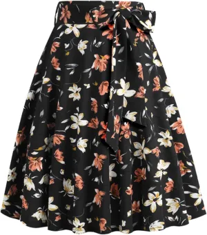 Floral Skirt Midi for Women Vintage Floral Print Bohemian Skirts Summer Causal Boho Waist Tie Pleated Ruffle Skirts