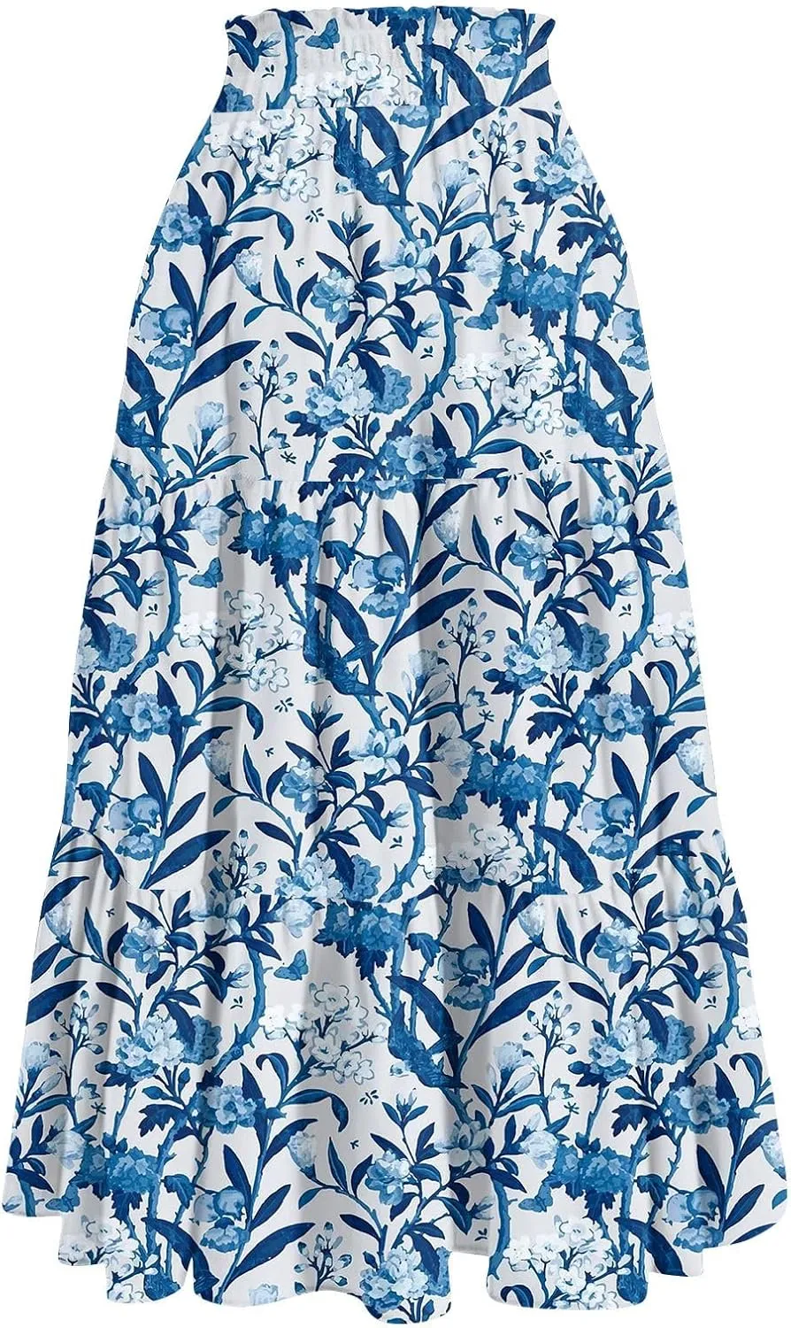 Floral Skirts for Women 2025 Summer High Waist Tiered Pleated Flowy Tiered A-Line Boho Long Maxi Skirts