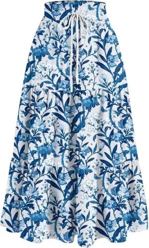 Floral Skirts for Women 2025 Summer High Waist Tiered Pleated Flowy Tiered A-Line Boho Long Maxi Skirts