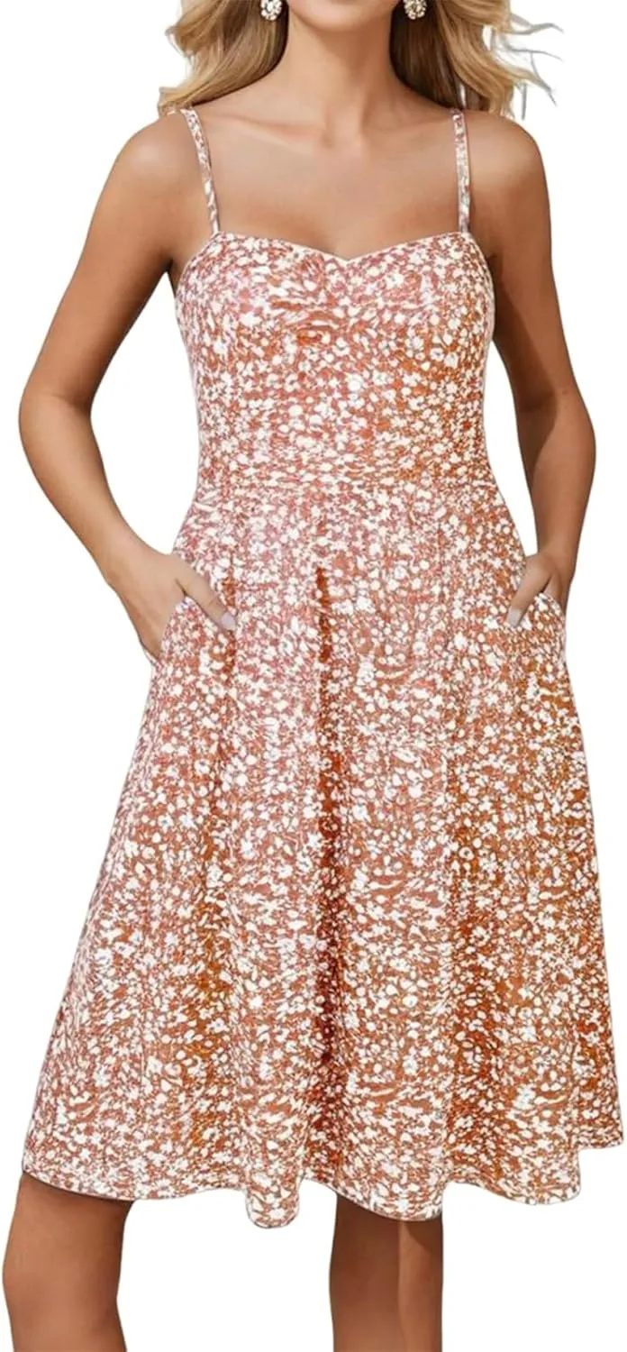 Floral Summer Dress for Women Vintage Casual Spaghetti Strap Knee Length Dress Beach Vacation Flowy Boho Sundress