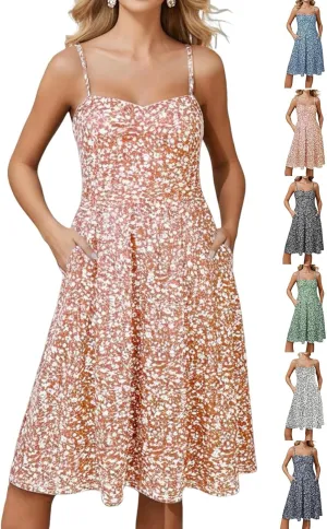 Floral Summer Dress for Women Vintage Casual Spaghetti Strap Knee Length Dress Beach Vacation Flowy Boho Sundress
