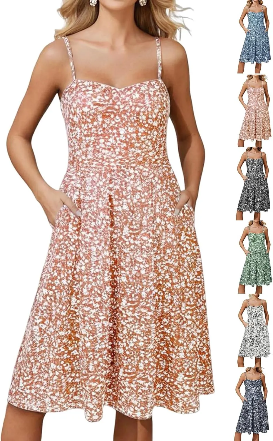 Floral Summer Dress for Women Vintage Casual Spaghetti Strap Knee Length Dress Beach Vacation Flowy Boho Sundress