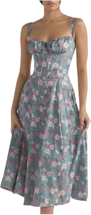 Floral Sundress for Women Sleeveless Spaghetti Straps Bodycon Dress Vintage French Style Sweetheart Neck Midi Dress