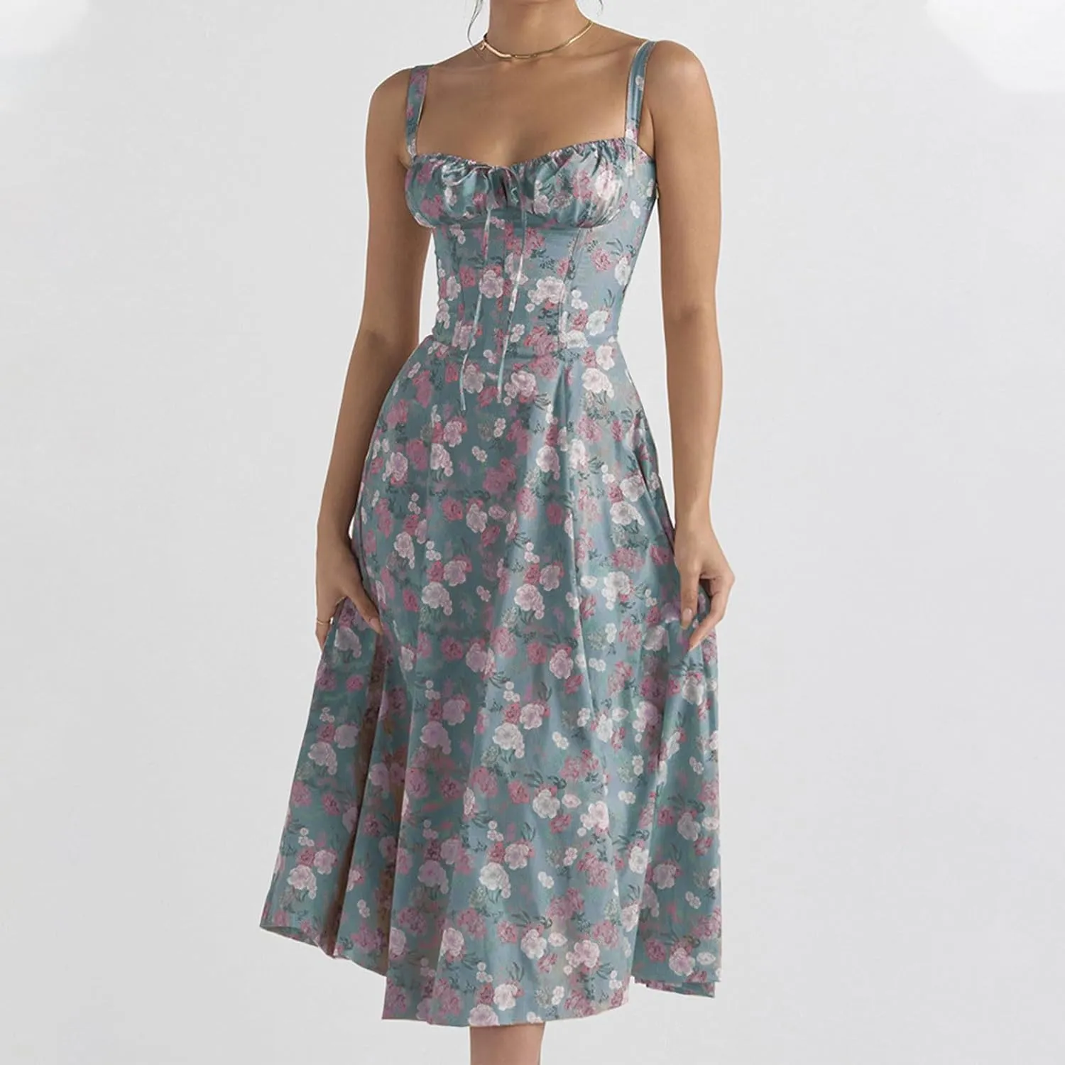 Floral Sundress for Women Sleeveless Spaghetti Straps Bodycon Dress Vintage French Style Sweetheart Neck Midi Dress
