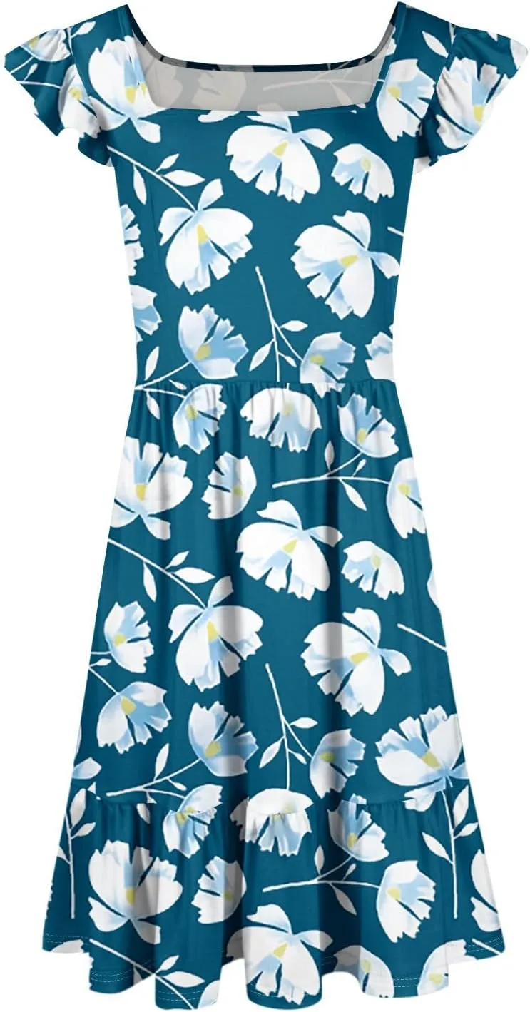 Floral Sundresses for Women 2025 Casual Sleeveless Ruffle Midi Dress Summer Square Neck Boho Tiered Flowy Beach Dress