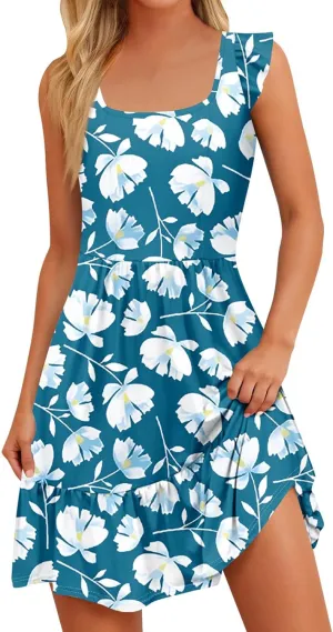 Floral Sundresses for Women 2025 Casual Sleeveless Ruffle Midi Dress Summer Square Neck Boho Tiered Flowy Beach Dress