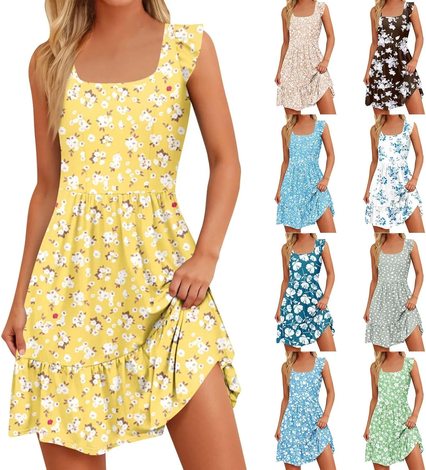 Floral Sundresses for Women 2025 Casual Sleeveless Ruffle Midi Dress Summer Square Neck Boho Tiered Flowy Beach Dress