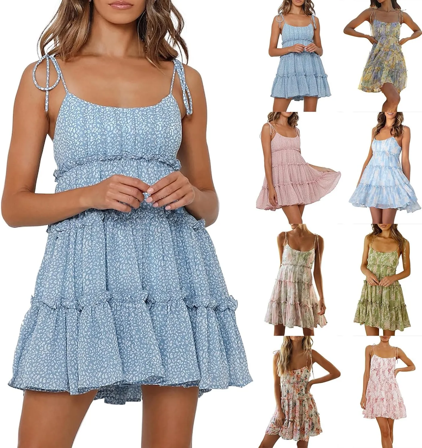 Floral Sundresses for Women 2025 Cute Chiffon Spaghetti Strap Skater Dress Casual Summer Tiered Mini Babydoll Dress