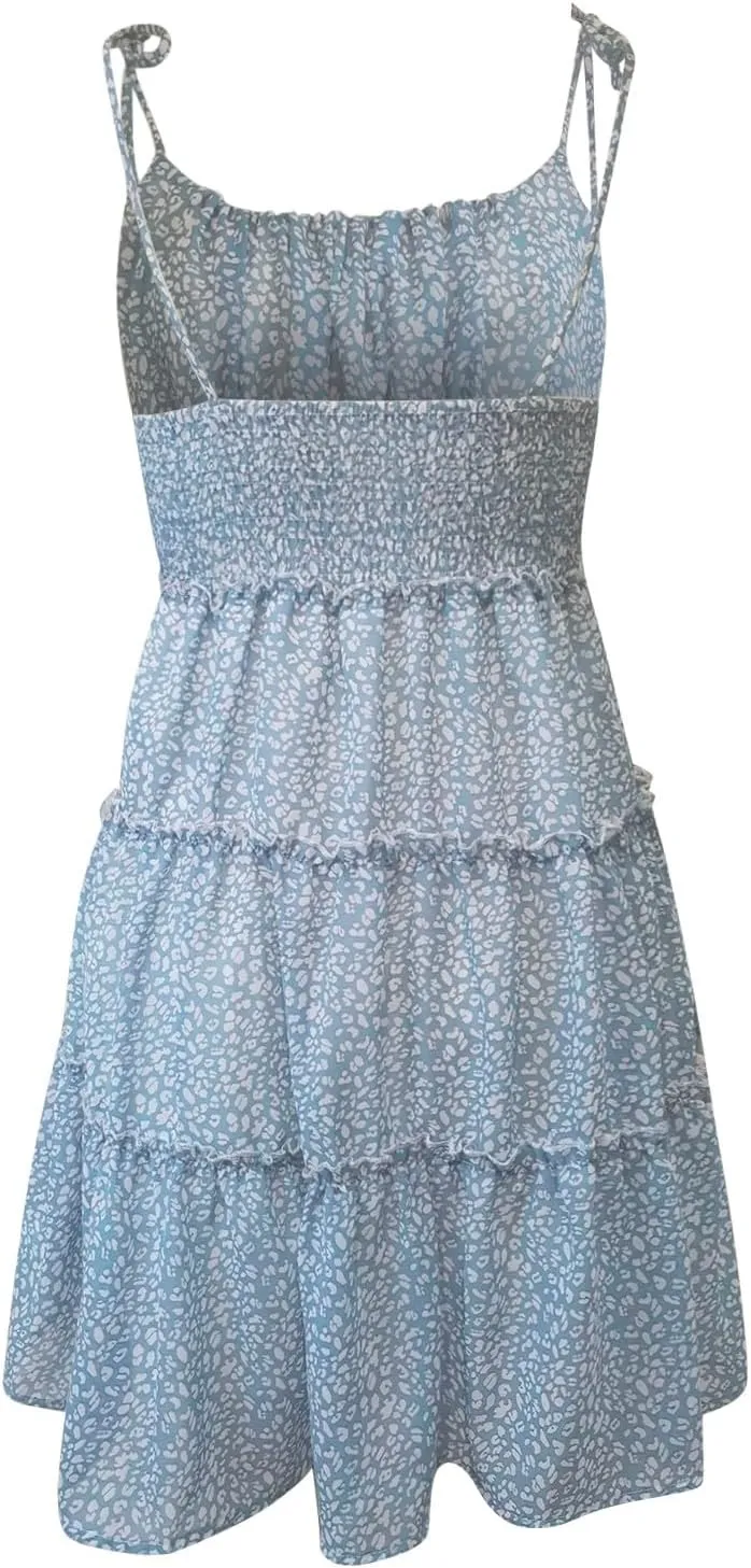 Floral Sundresses for Women 2025 Cute Chiffon Spaghetti Strap Skater Dress Casual Summer Tiered Mini Babydoll Dress