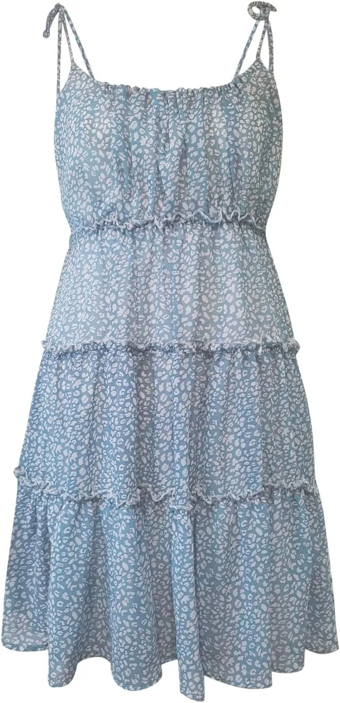 Floral Sundresses for Women 2025 Cute Chiffon Spaghetti Strap Skater Dress Casual Summer Tiered Mini Babydoll Dress