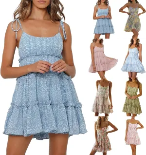 Floral Sundresses for Women 2025 Cute Chiffon Spaghetti Strap Skater Dress Casual Summer Tiered Mini Babydoll Dress