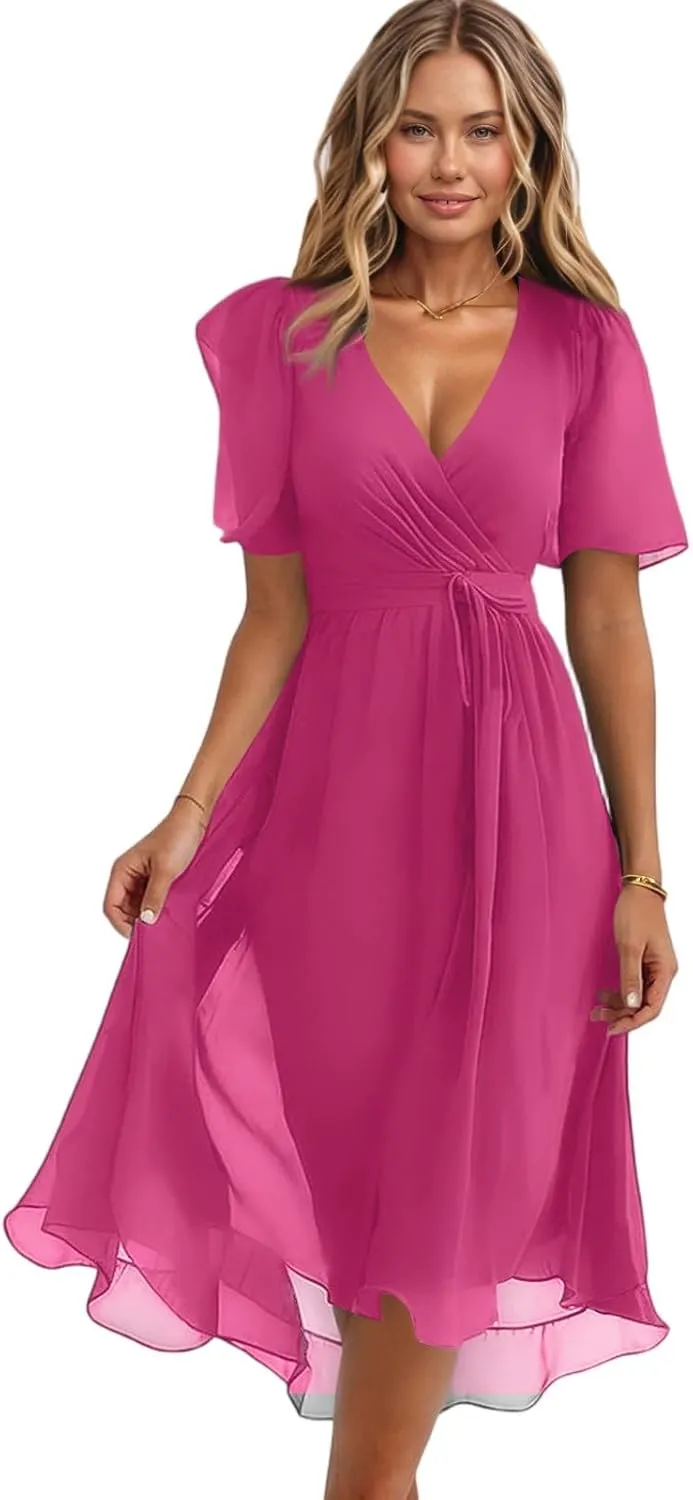 Floral Wedding Guest Dresses Short Sleeve V Neck Chiffon Dress Cute Holiday Hawaiian Travel Outfits