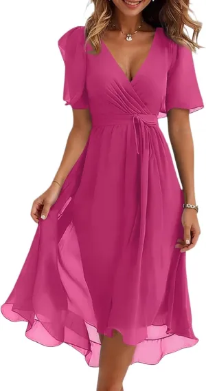 Floral Wedding Guest Dresses Short Sleeve V Neck Chiffon Dress Cute Holiday Hawaiian Travel Outfits