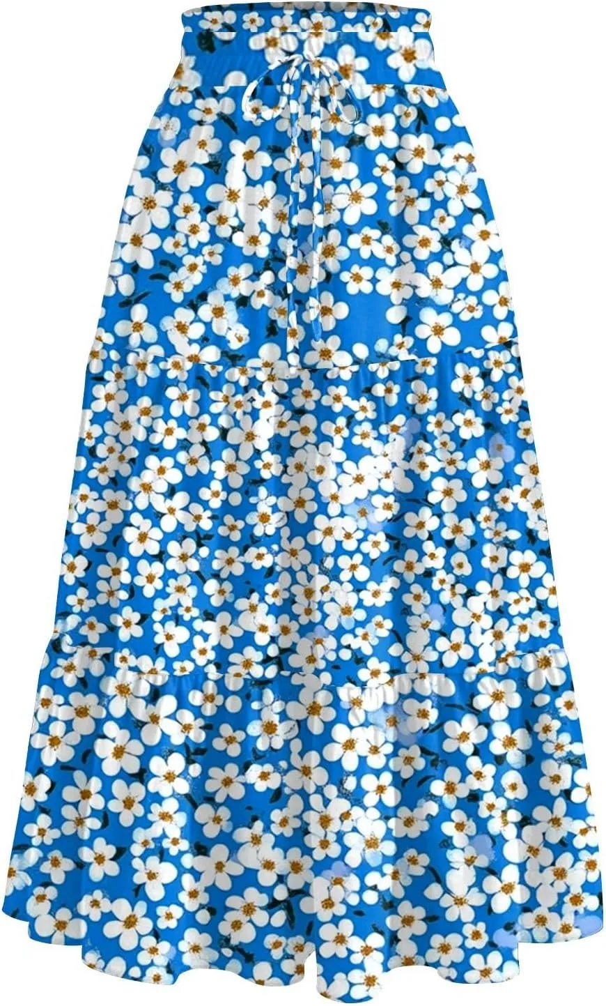 Flowy Skirts for Women High Waist Long A-Line Boho Maxi Skirt for Summer Beach