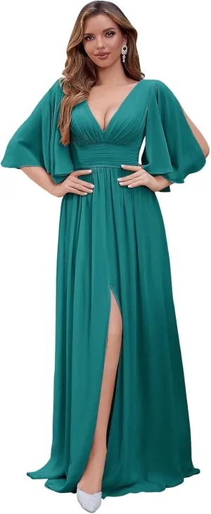 Flutter Sleeve Chiffon Bridesmaid Dresses for Women A Line Pleated Long Prom Gown Formal Evening Gown with Slit