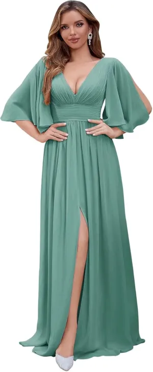 Flutter Sleeve Chiffon Bridesmaid Dresses for Women A Line Pleated Long Prom Gown Formal Evening Gown with Slit