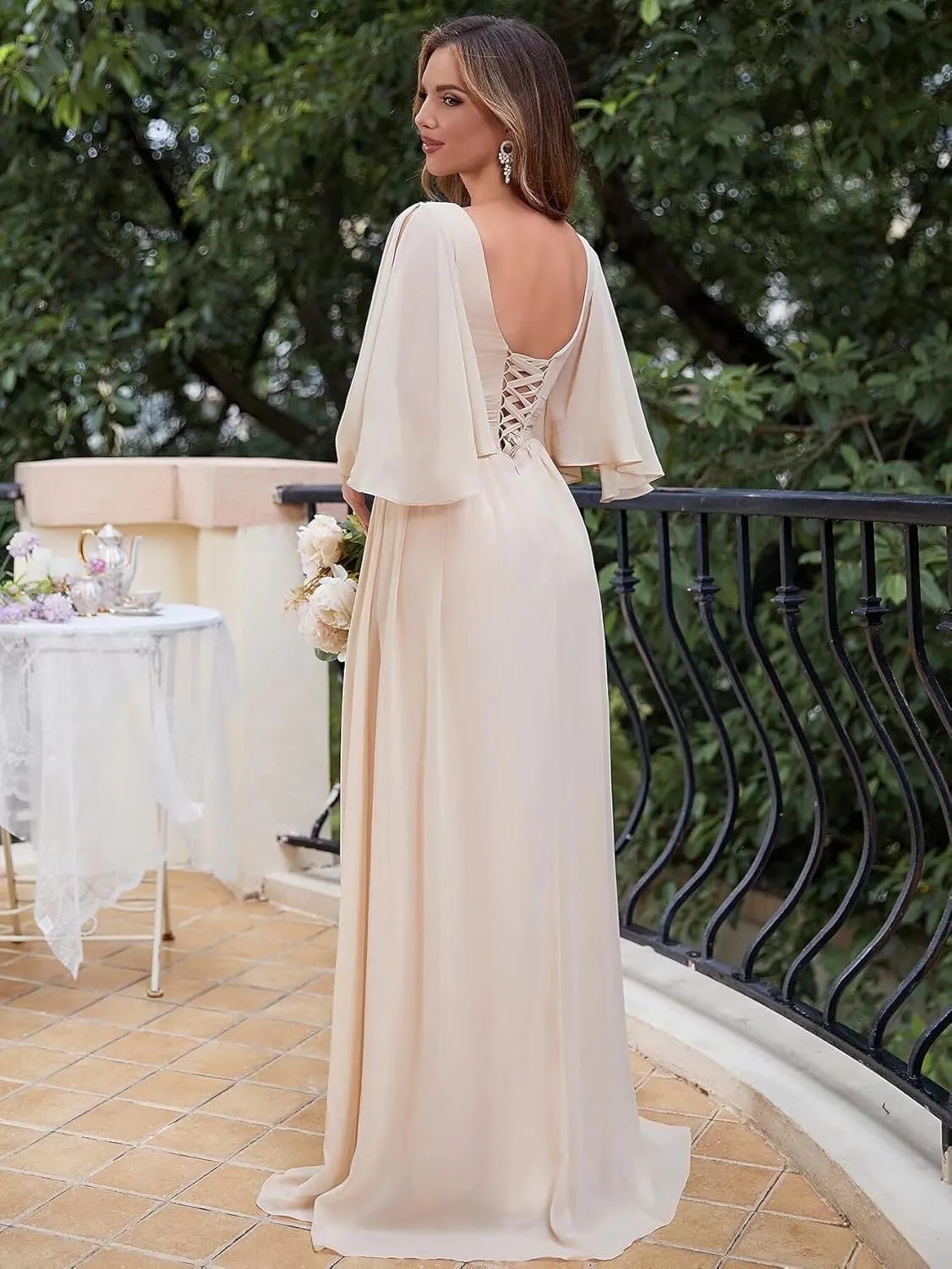 Flutter Sleeve Chiffon Bridesmaid Dresses for Women A Line Pleated Long Prom Gown Formal Evening Gown with Slit