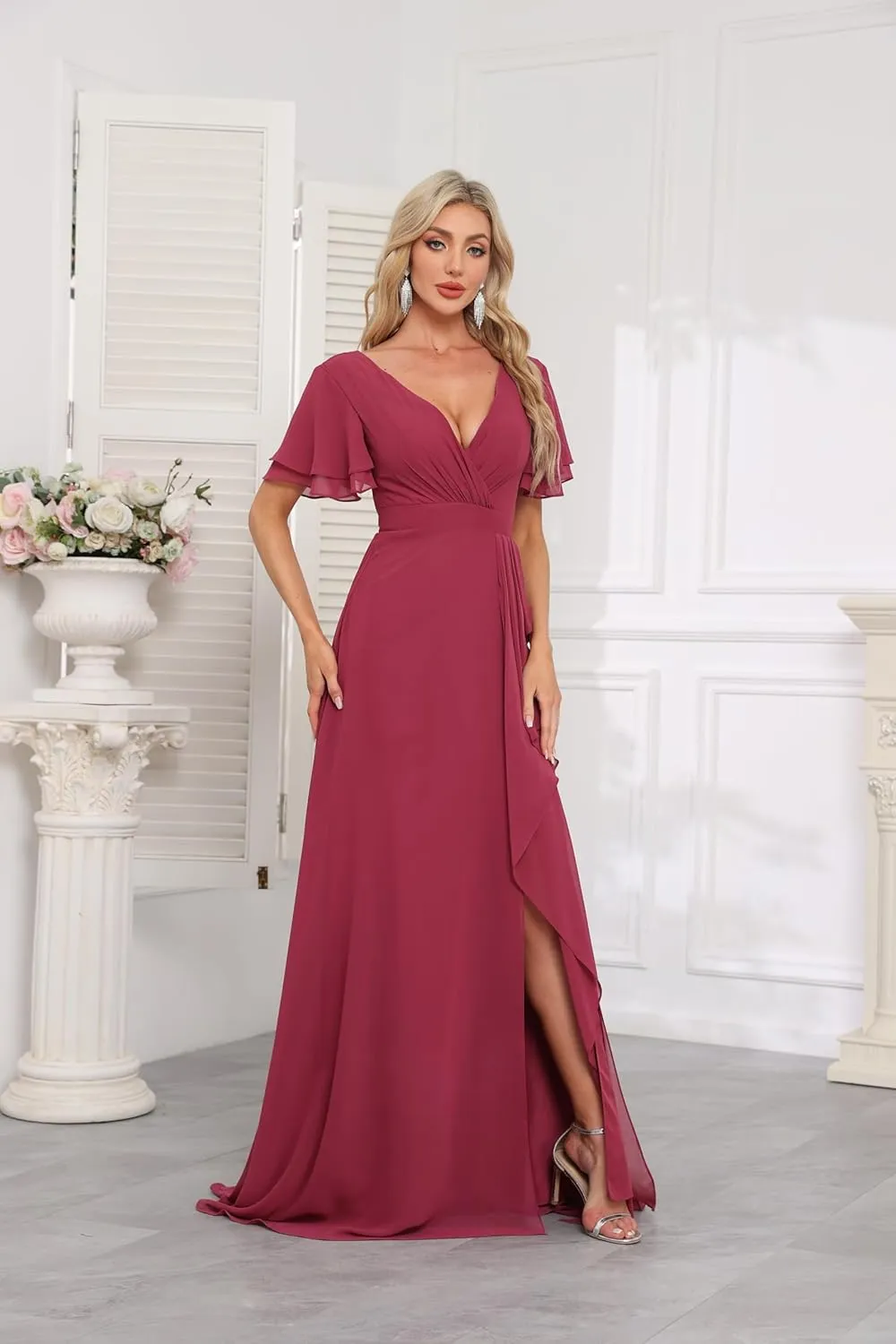 Flutter Sleeve Chiffon Bridesmaid Dresses for Women Long Ruched Chiffon A Line Formal Dresses with Slit EA021
