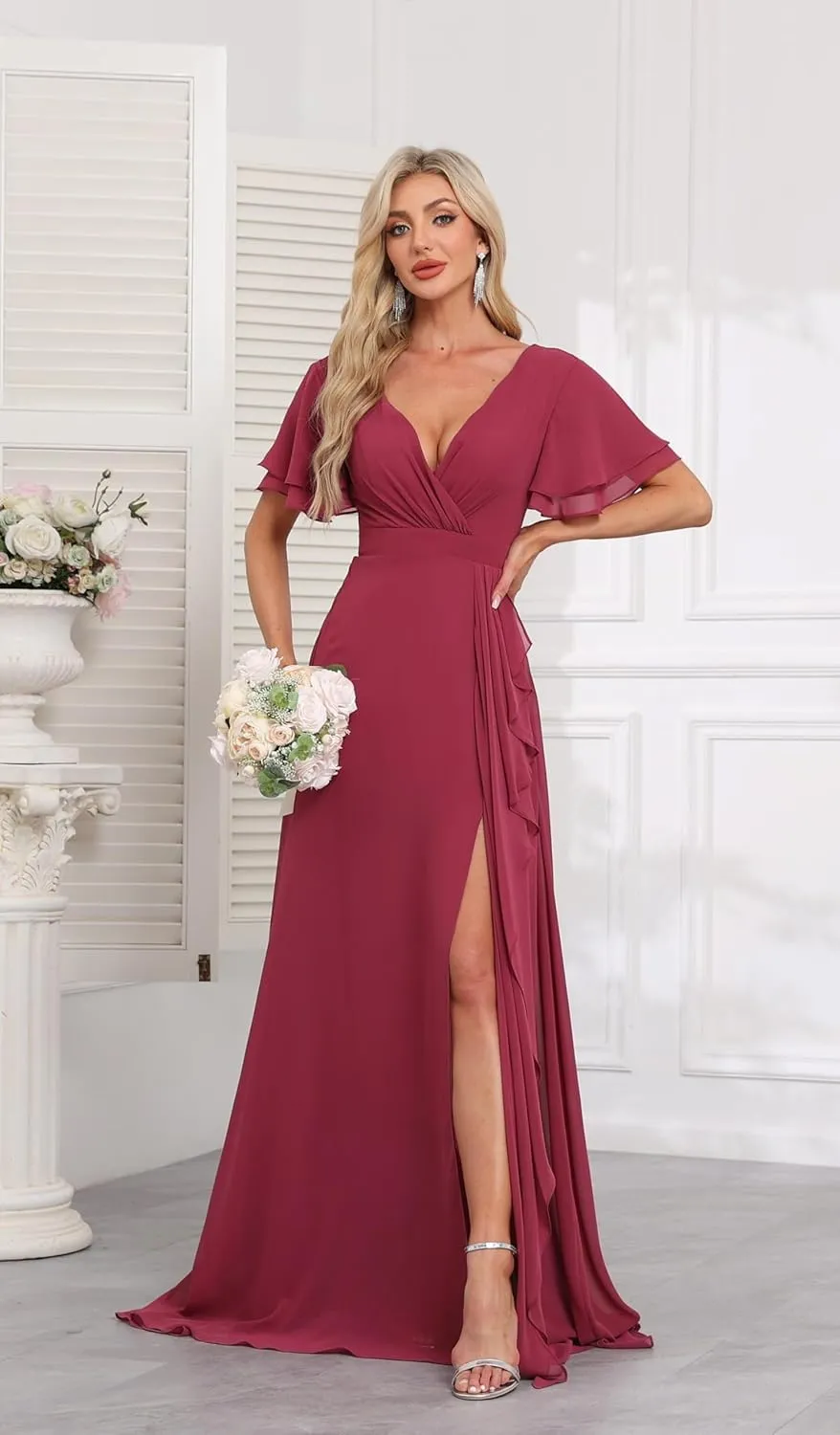 Flutter Sleeve Chiffon Bridesmaid Dresses for Women Long Ruched Chiffon A Line Formal Dresses with Slit EA021