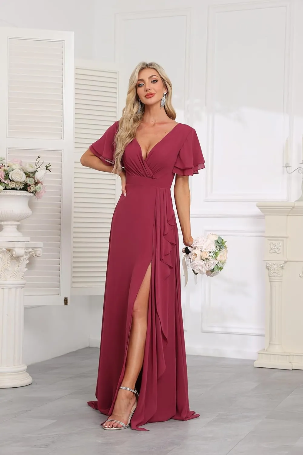 Flutter Sleeve Chiffon Bridesmaid Dresses for Women Long Ruched Chiffon A Line Formal Dresses with Slit EA021