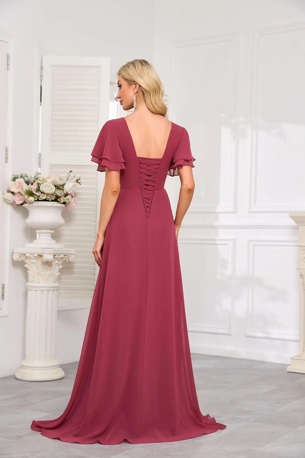 Flutter Sleeve Chiffon Bridesmaid Dresses for Women Long Ruched Chiffon A Line Formal Dresses with Slit EA021