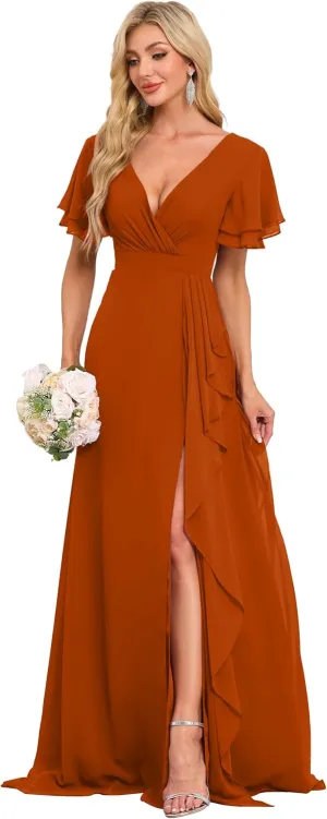 Flutter Sleeve Chiffon Bridesmaid Dresses for Women Long Ruched Chiffon A Line Formal Dresses with Slit EA021