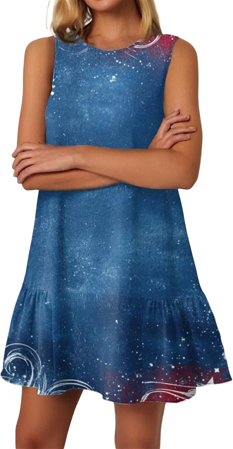 Fourth of July Dresses for Women Summer Red White and Blue Patriotic Dress Knee Length Aline Sleeveless Tank Dress