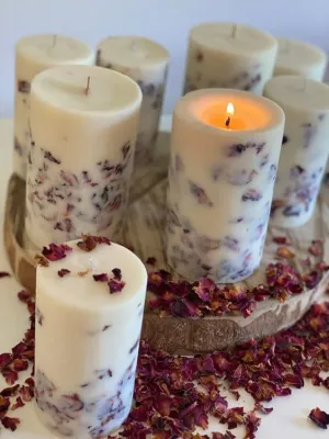 French Obsession Scented Soy Wax Pillar Candle Set of 2 | Real Dried Rose Petals Infused | Scented Candles for Home Decor Gift Set for Women & Men| Smokeless Aromatherapy Scented Candle