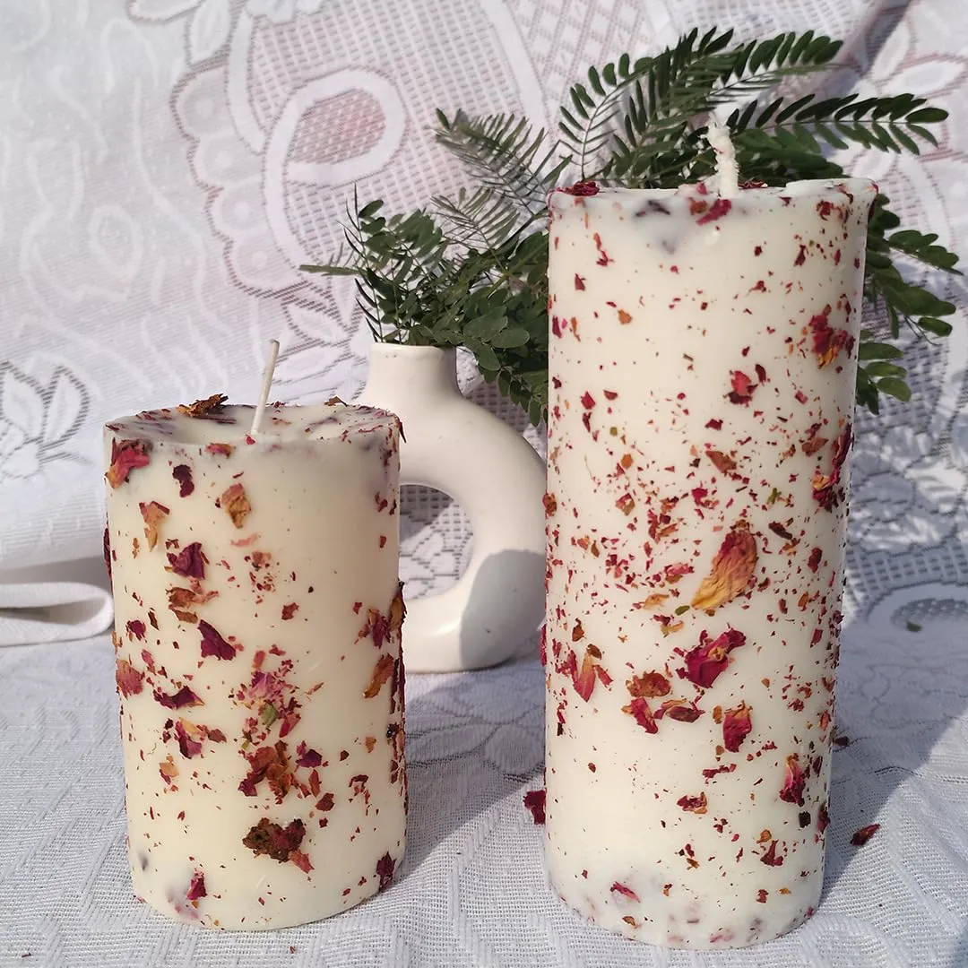 French Obsession Scented Soy Wax Pillar Candle Set of 2 | Real Dried Rose Petals Infused | Scented Candles for Home Decor Gift Set for Women & Men| Smokeless Aromatherapy Scented Candle