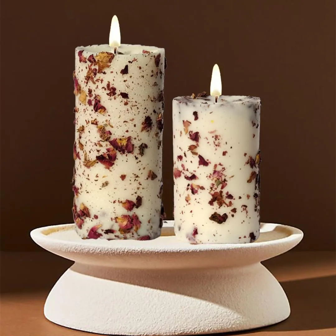 French Obsession Scented Soy Wax Pillar Candle Set of 2 | Real Dried Rose Petals Infused | Scented Candles for Home Decor Gift Set for Women & Men| Smokeless Aromatherapy Scented Candle