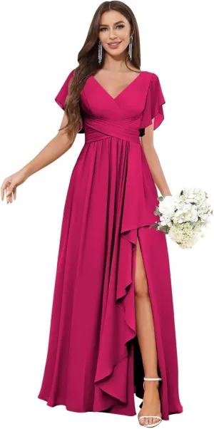 Fuchsia Short Sleeve Bridesmaid Dresses Plus Size for Women with Pockets Long Chiffon Formal Dresses Evening Gown 22W