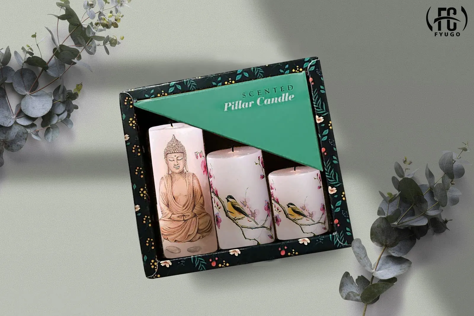 FYUGO Buddha Printed Set of 3 Pillar Candles, Spa Candles for Special Occasion, Gifts, Meditation, Home Decor (3 x 3 Inch, 3 x 4 Inch 3 x 6 Inch