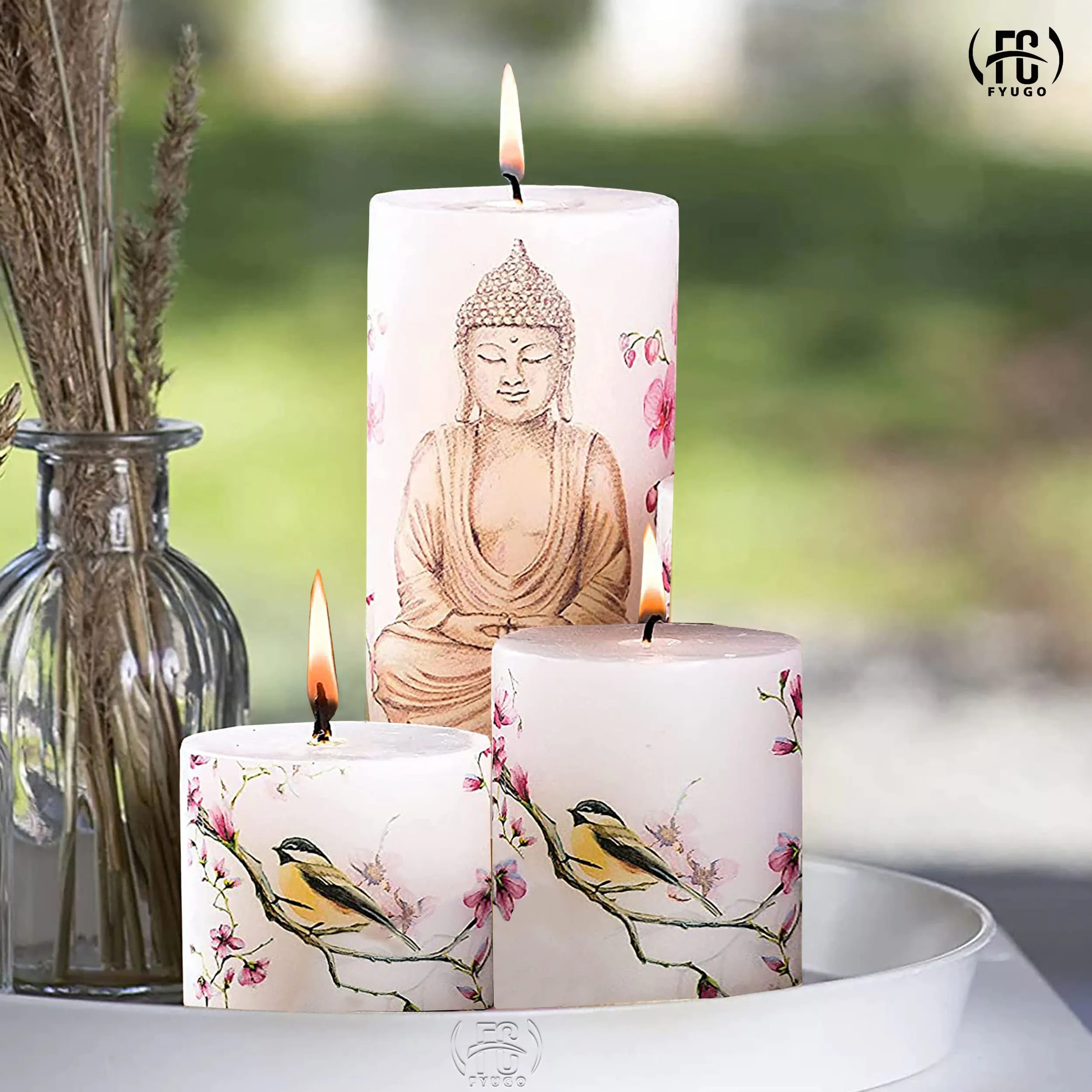 FYUGO Buddha Printed Set of 3 Pillar Candles, Spa Candles for Special Occasion, Gifts, Meditation, Home Decor (3 x 3 Inch, 3 x 4 Inch 3 x 6 Inch