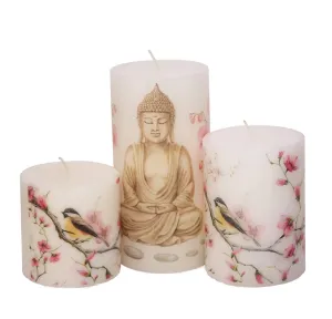 FYUGO Buddha Printed Set of 3 Pillar Candles, Spa Candles for Special Occasion, Gifts, Meditation, Home Decor (3 x 3 Inch, 3 x 4 Inch 3 x 6 Inch
