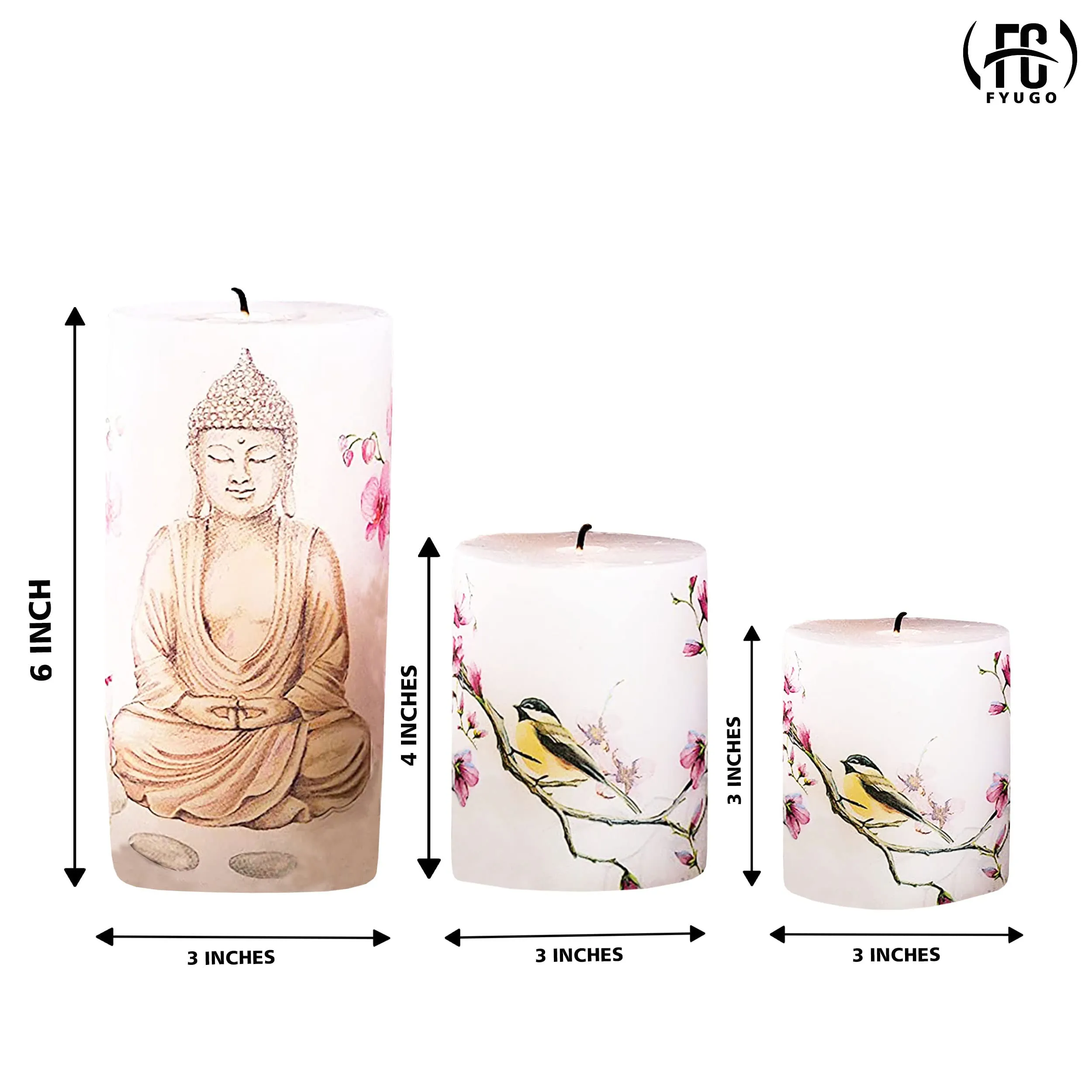 FYUGO Buddha Printed Set of 3 Pillar Candles, Spa Candles for Special Occasion, Gifts, Meditation, Home Decor (3 x 3 Inch, 3 x 4 Inch 3 x 6 Inch