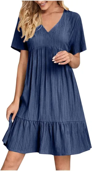 FZYLQY Womens Casual Dresses Short Sleeve V Neck Loose Fit Swing Dress Trendy Comfy Summer Sundresses Beach Mini Dresses