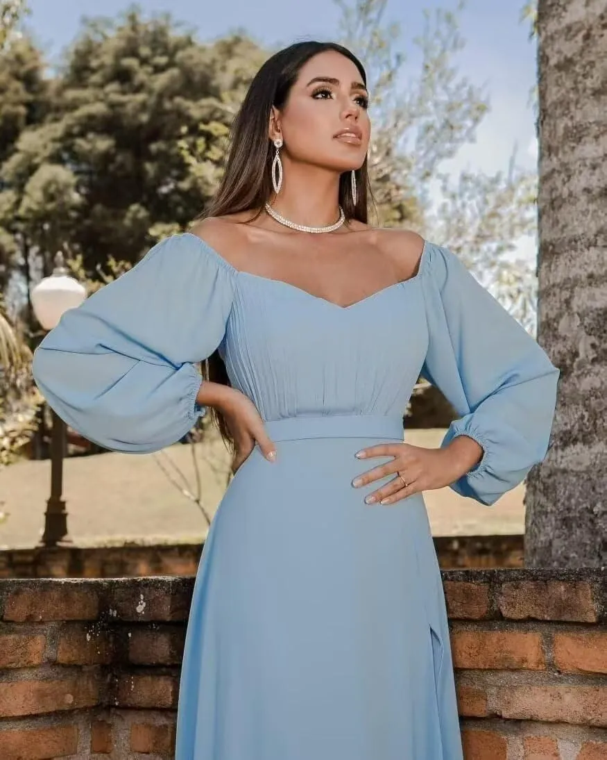 GATMAHE Long Sleeve Chiffon Bridesmaid Dresses for Women Off The Shoulder Formal Evening Gown with Slit