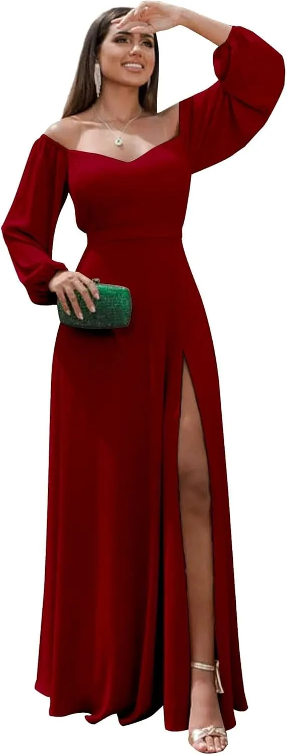 GATMAHE Long Sleeve Chiffon Bridesmaid Dresses for Women Off The Shoulder Formal Evening Gown with Slit