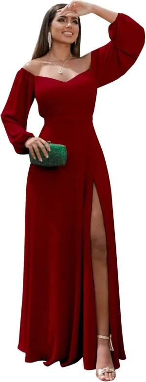 GATMAHE Long Sleeve Chiffon Bridesmaid Dresses for Women Off The Shoulder Formal Evening Gown with Slit