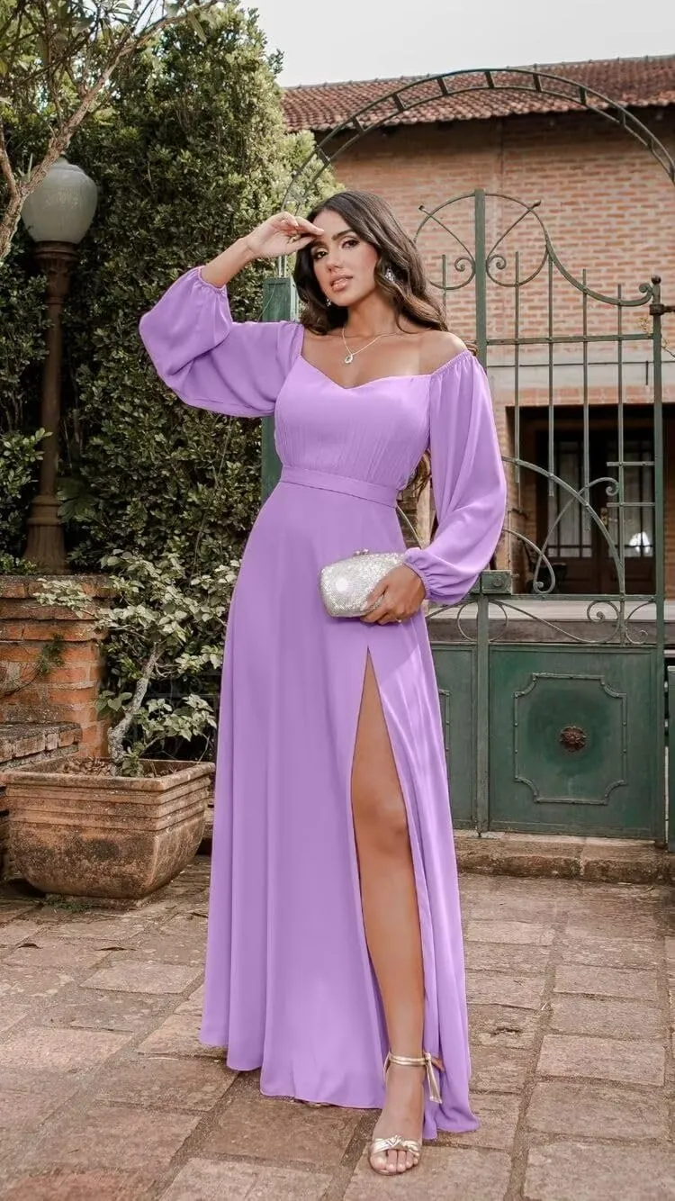 GATMAHE Long Sleeve Chiffon Bridesmaid Dresses for Women Off The Shoulder Formal Evening Gown with Slit
