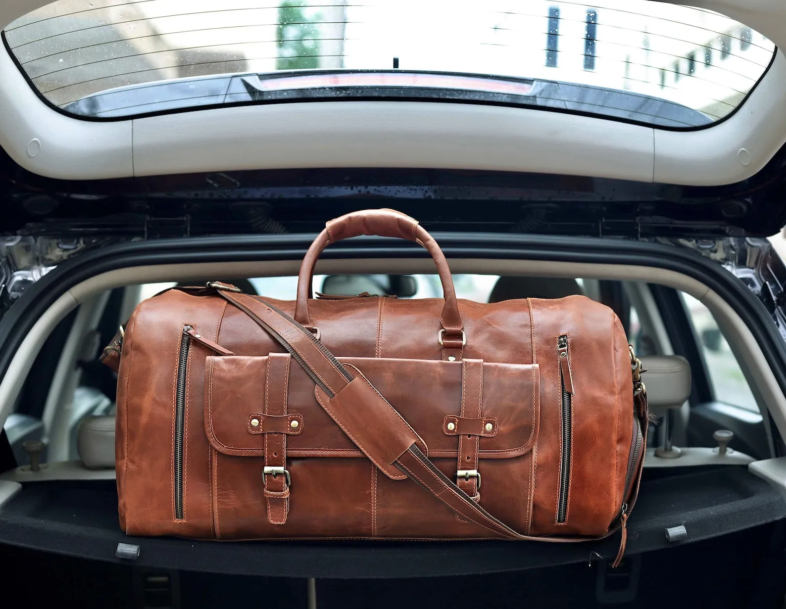 Genuine Brown Leather Duffle Weekender Bag