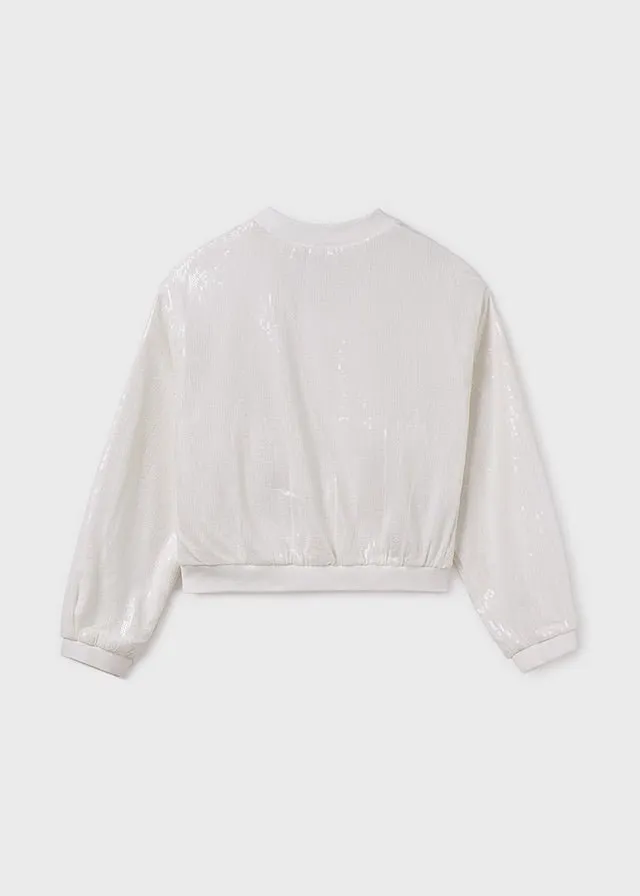 Girls Sequin Ivory Bomber Jacket