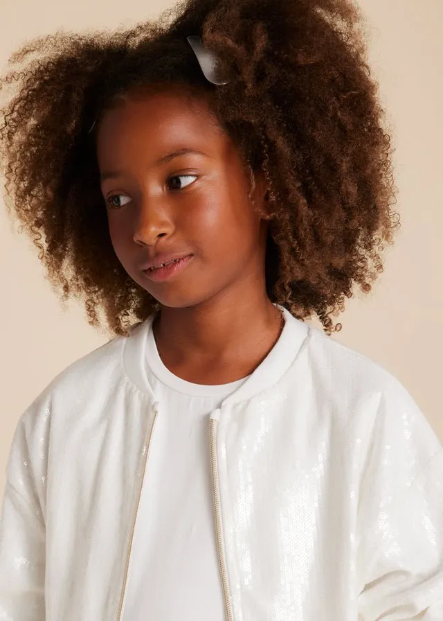 Girls Sequin Ivory Bomber Jacket