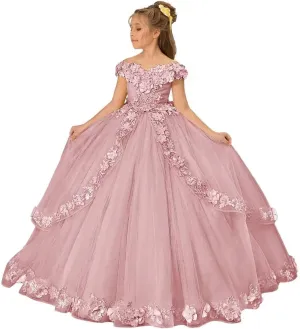 Girls Tulle Flower Girl Dress Off Shoulder Pageant Dresses Lace Applique Puffy Floral Formal Ball Gown Dresses for Kids