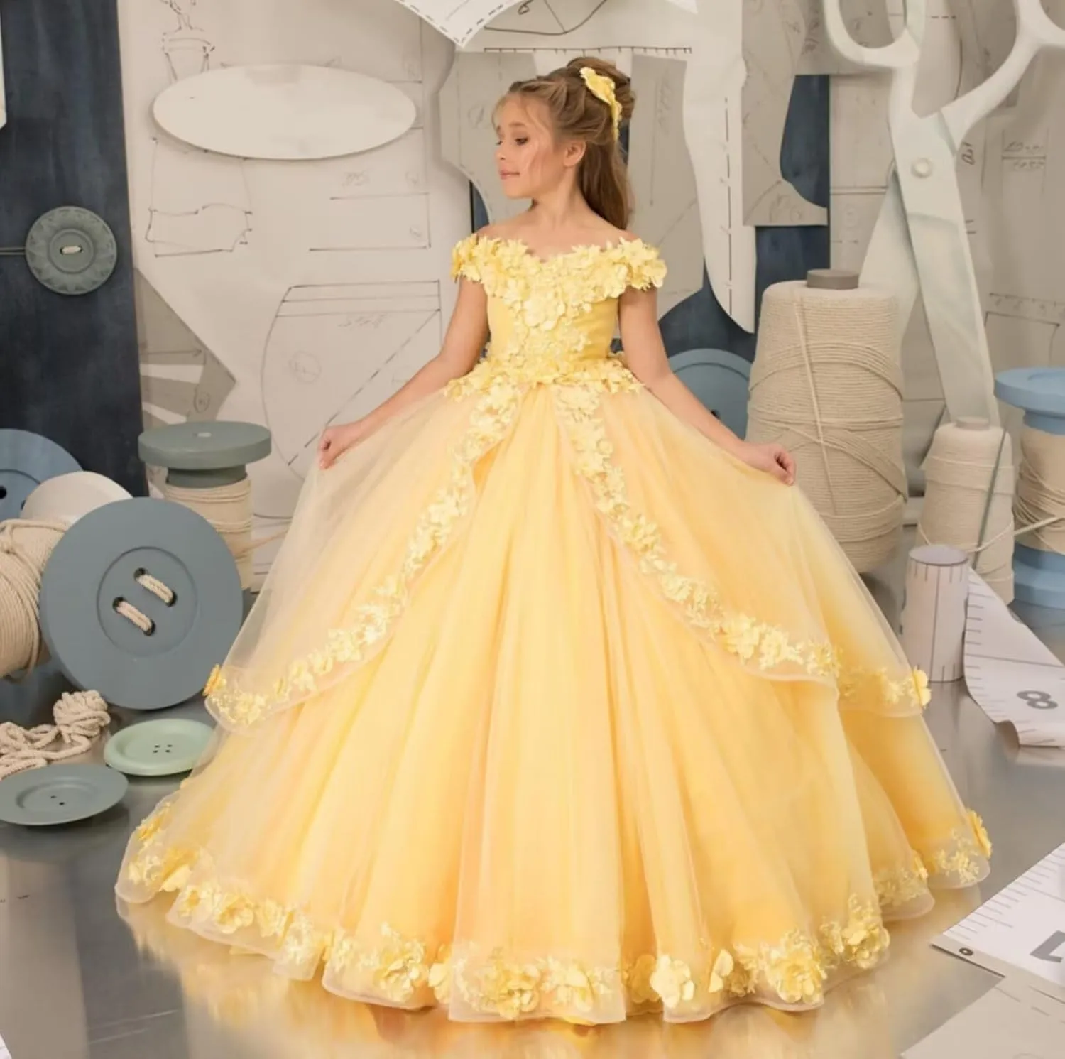 Girls Tulle Flower Girl Dress Off Shoulder Pageant Dresses Lace Applique Puffy Floral Formal Ball Gown Dresses for Kids