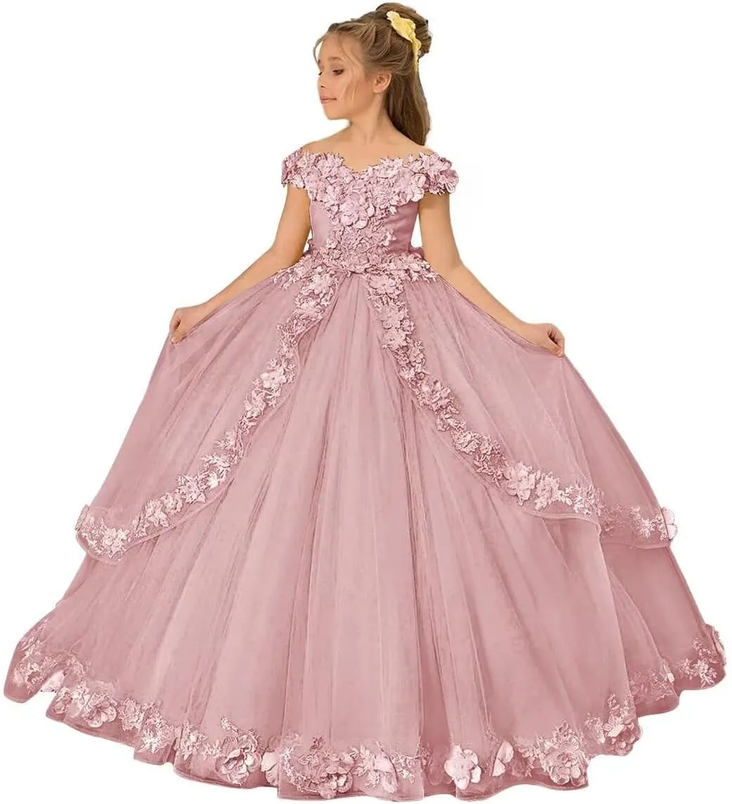 Girls Tulle Flower Girl Dress Off Shoulder Pageant Dresses Lace Applique Puffy Floral Formal Ball Gown Dresses for Kids