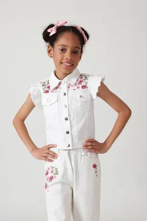 Girls White Regular Frill Sleeve Denim Jackets By One Friday
