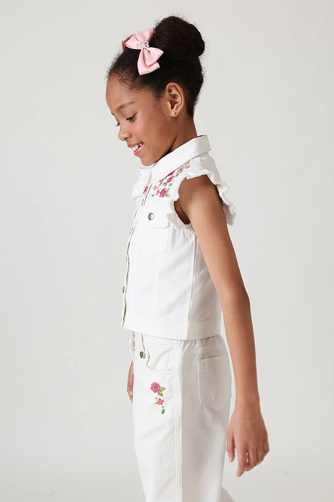 Girls White Regular Frill Sleeve Denim Jackets By One Friday