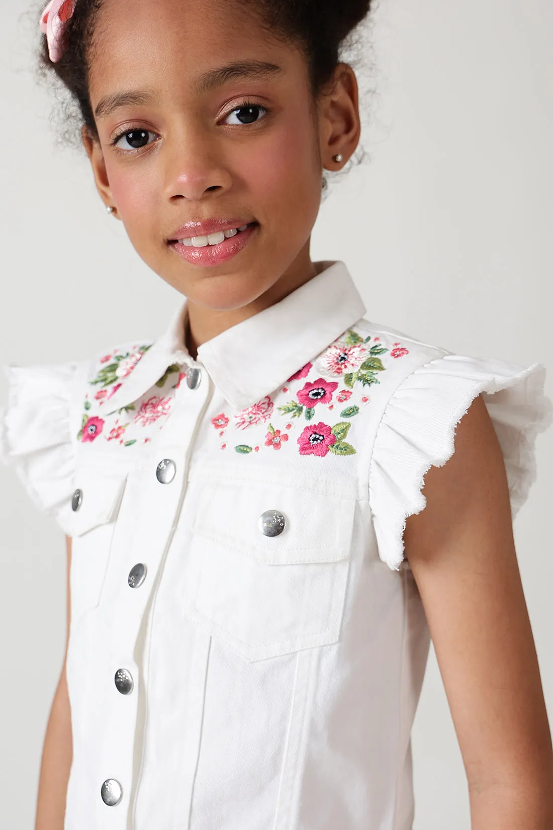 Girls White Regular Frill Sleeve Denim Jackets By One Friday